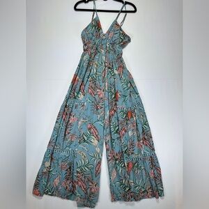 Angie Floral Wide Leg Jumpsuit Boho Tie Back Blue Botanical Spaghetti Strap Size